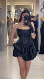 Ndyad Black Strapless A-Line Satin Lace Short Evening Dress Fashion Birthday Party Dress HZ1024