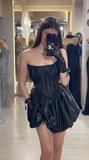 Ndyad Black Strapless A-Line Satin Lace Short Evening Dress Fashion Birthday Party Dress HZ1024