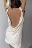 Ndyad White Straps Sheath Sequin Beading Short Evening Dress Backless Party Dress HZ1024