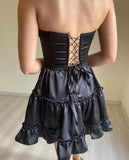 Ndyad Black Strapless Bodycon A-Line Satin Short Party Dress Fashionable Homecoming Dress HZ1024