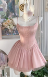 Ndyad Pink Spaghetti Straps A-Line Tulle Satin Short Sweet 16 Dresses Birthday Party Dress HZ1024