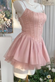 Ndyad Pink Spaghetti Straps A-Line Tulle Satin Short Sweet 16 Dresses Birthday Party Dress HZ1024