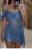 Ndyad Gray Blue Off Shoulder Sheath Short Evening Gowns Glitter Homecoming Dress HZ1024