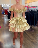 Ndyad Gold Off-the-shoulder A-Line Taffeta Short Prom Dresses Tiered Homecoming Dress HZ1024