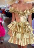 Ndyad Gold Off-the-shoulder A-Line Taffeta Short Prom Dresses Tiered Homecoming Dress HZ1024