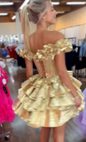 Ndyad Gold Off-the-shoulder A-Line Taffeta Short Prom Dresses Tiered Homecoming Dress HZ1024