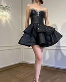 Ndyad Black A-Line Sweetheart Neck Short Party Dress Sweet Birthday Evening Dress with Diamonds HZ1024