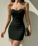 Ndyad Black Sweetheart Neck Bodycon Short Party Dress Chic Evening Dress with Tassels HZ1024