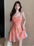 Ndyad Orange Spaghetti Straps A-Line Short Cocktail Dress Pool Party Outfit HZ1024