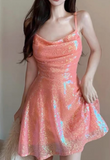 Ndyad Orange Spaghetti Straps A-Line Short Cocktail Dress Pool Party Outfit HZ1024