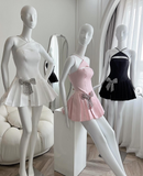 Ndyad Black Halter A-Line Satin Pleated Short Evening Dress Elegant Party Dress HZ1024