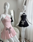 Ndyad Black Halter A-Line Satin Pleated Short Evening Dress Elegant Party Dress HZ1024