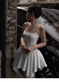 Ndyad White Square Neck A-Line Satin Short Birthday Dress Cocktail Party Dress HZ1024