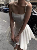 Ndyad White Square Neck A-Line Satin Short Birthday Dress Cocktail Party Dress HZ1024