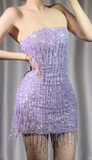 Ndyad Purple Strapless Bodycon Beaded Short Prom Dresses Glitter Homecoming Dress HZ1024