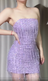Ndyad Purple Strapless Bodycon Beaded Short Prom Dresses Glitter Homecoming Dress HZ1024