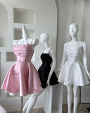 Ndyad Spaghetti Straps Pink A-Line Satin Short Evening Dress with 3D Butterflies HZ1024