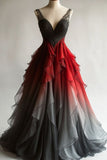 Ndyad Gradient V-Neck A-Line Tulle Long Prom Dresses Unique Evening Dresses HZ1024