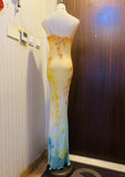 Ndyad Yellow Spaghetti Straps Sheath Chiffon Long Prom Dresses Vintage Beaded Evening Dress HZ1024