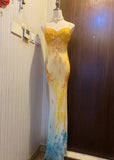 Ndyad Yellow Spaghetti Straps Sheath Chiffon Long Prom Dresses Vintage Beaded Evening Dress HZ1024