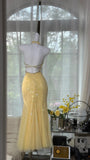 Ndyad Butter Yellow V-neck Mermaid Tulle Beaded Long Prom Dresses Vintage Evening Dress with Open Back HZ1024