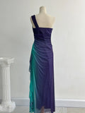 Ndyad Navy Blue One Shoulder Sheath Chiffon Prom Dress Formal Elegant Evening Gowns HZ1024