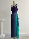 Ndyad Navy Blue One Shoulder Sheath Chiffon Prom Dress Formal Elegant Evening Gowns HZ1024