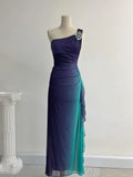 Ndyad Navy Blue One Shoulder Sheath Chiffon Prom Dress Formal Elegant Evening Gowns HZ1024