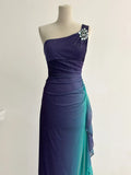 Ndyad Navy Blue One Shoulder Sheath Chiffon Prom Dress Formal Elegant Evening Gowns HZ1024