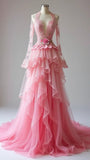 Ndyad Pink V-Neck A-Line Long Sleeve Layered Tulle Long Wedding Dress HZ1024