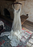 Ndyad White V-neck A-Line Tulle Beaded Long Prom Dresses Beautiful Trailing Wedding Dress with Sequins HZ1024
