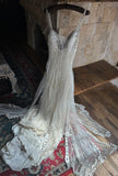 Ndyad White V-neck A-Line Tulle Beaded Long Prom Dresses Beautiful Trailing Wedding Dress with Sequins HZ1024