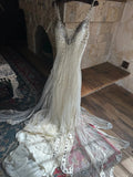 Ndyad White V-neck A-Line Tulle Beaded Long Prom Dresses Beautiful Trailing Wedding Dress with Sequins HZ1024