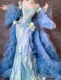 Ndyad Blue Off Shoulder Mermaid Long Prom Dresses Elegant Tulle Evening Gowns with Appliques HZ1024