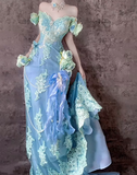 Ndyad Blue Off Shoulder Mermaid Long Prom Dresses Elegant Tulle Evening Gowns with Appliques HZ1024