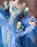 Ndyad Blue Off Shoulder Mermaid Long Prom Dresses Elegant Tulle Evening Gowns with Appliques HZ1024