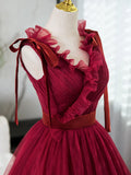 Evafashion V Neck Tulle Burgundy Long Prom Dress, Burgundy Long Evening Dresses HZ1024