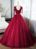 Evafashion V Neck Tulle Burgundy Long Prom Dress, Burgundy Long Evening Dresses HZ1024