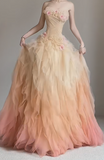 Ndyad Gradient Orange Strapless A-Line Tulle Long Prom Dresses Evening Gowns for Quincea?era HZ1024