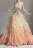 Ndyad Gradient Orange Strapless A-Line Tulle Long Prom Dresses Evening Gowns for Quincea?era HZ1024