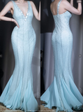 Ndyad Blue V Neck Mermaid Evening Dress Elegant Beaded Chiffon Long Prom Dresses HZ1024