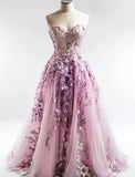Ndyad Pink Sweetheart Neck A-Line Tulle Applique Long Prom Dresses Gorgeous Wedding Dress HZ1024