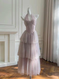Ndyad Light Purple V-Neck A-Line Layered Tulle Point Long Prom Dresses Sweet 16 Evening Dress HZ1024