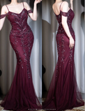 Ndyad Spaghetti Straps Mermaid Vintage Long Evening Dress Chiffon Prom Dresses with Beading HZ1024