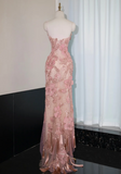 Ndyad Pink Strapless Mermaid Evening Gowns with Embroidered Appliques Stunning Prom Dresses with Beading HZ1024