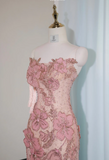 Ndyad Pink Strapless Mermaid Evening Gowns with Embroidered Appliques Stunning Prom Dresses with Beading HZ1024