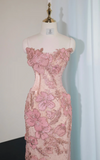 Ndyad Pink Strapless Mermaid Evening Gowns with Embroidered Appliques Stunning Prom Dresses with Beading HZ1024