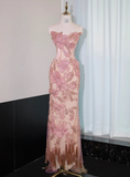 Ndyad Pink Strapless Mermaid Evening Gowns with Embroidered Appliques Stunning Prom Dresses with Beading HZ1024