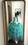 Ndyad Turquoise Square Neck A-Line Layered Tulle Long Prom Dress for Graduation Prom & Quincea?era HZ1024