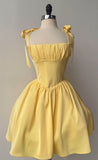 Ndyad Yellow Spaghetti Straps A-Line Satin Short Birthday Party Dress Sweet 16 Dress HZ1024
